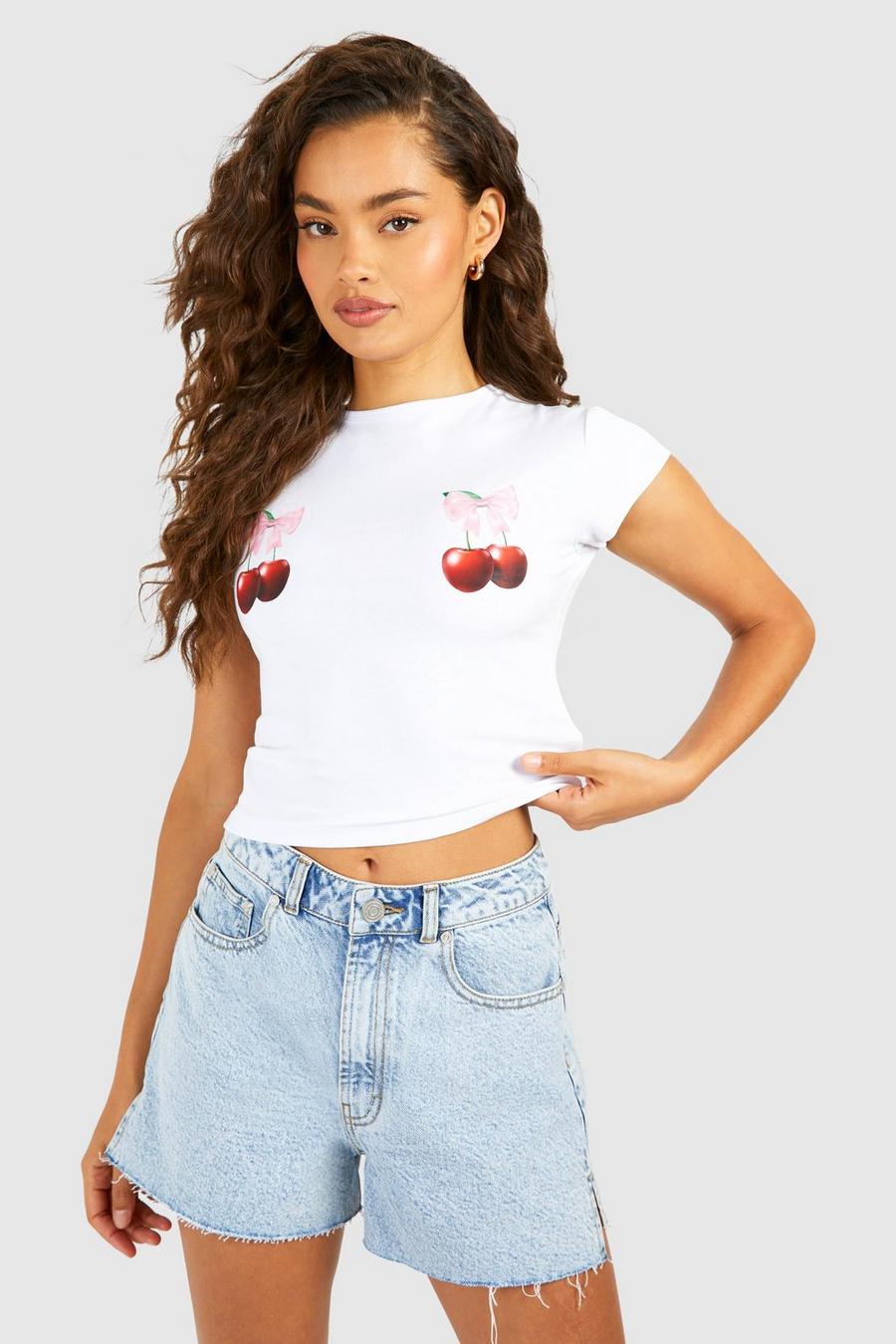 T-shirt corto con stampa di ciliegie e maniche ad aletta, White image number 1
