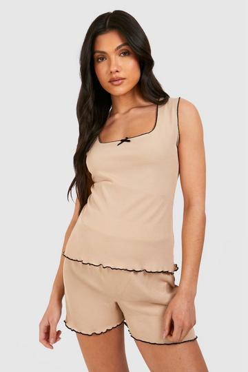 Maternity Ribbed Bow Tank Top And Short Pajama Set oatmeal