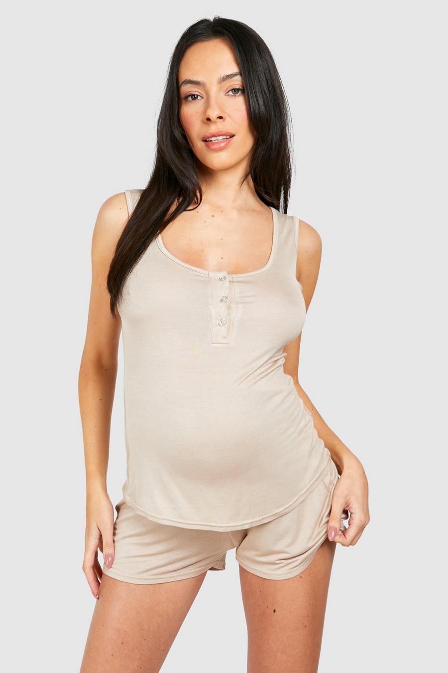 Maternité - Pyjama de grossesse avec débardeur boutonné et short, Oatmeal image number 1