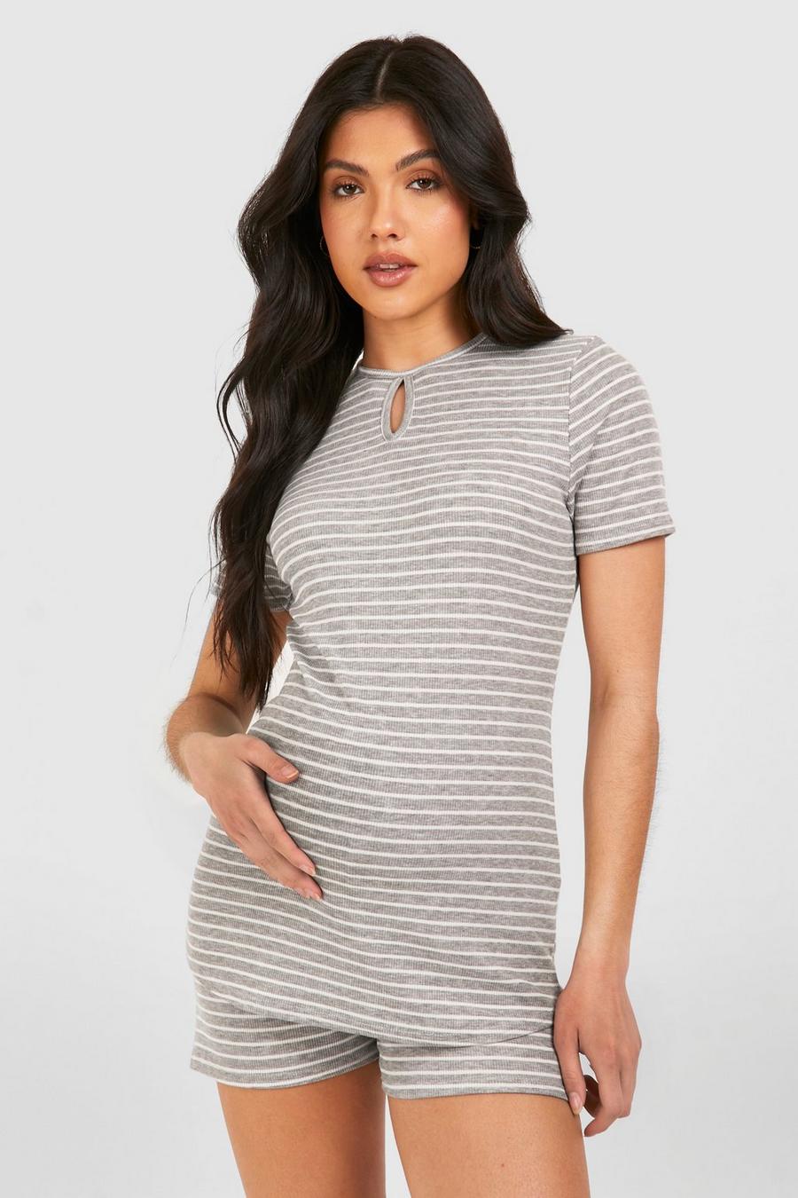 Grey Maternity Striped Ribbed T-shirt And Short Lounge Set image number 1