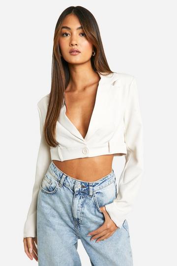 Ecru White Tab Detail Cropped Boxy Blazer