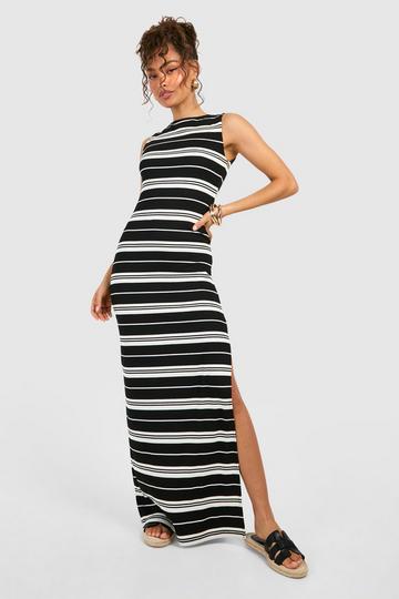 Slash Neck Stripe Rib Maxi Dress black