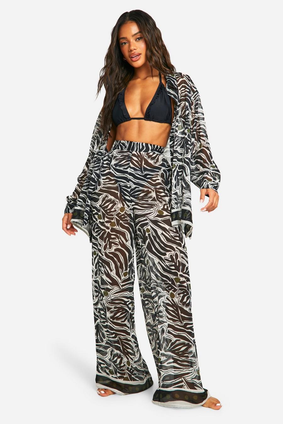 Black Abstract Print Textured Beach Pants image number 1