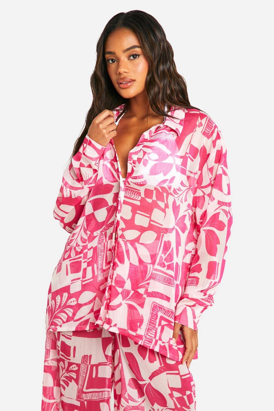 Pink Abstract Print Textured Beach Shirt image number 1
