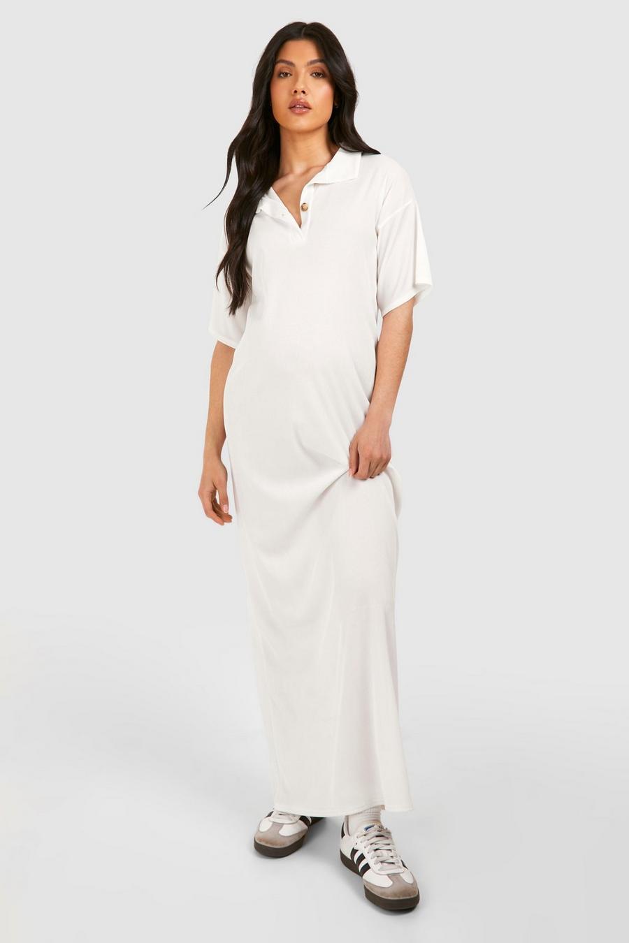 Cream Maternity Ribbed Collared Maxi T-shirt Dress