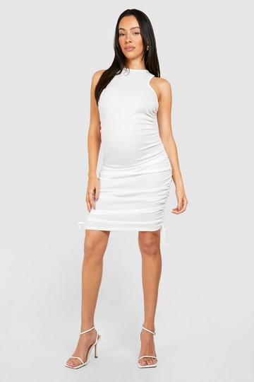Maternity Ribbed Racer Neck Ruched Side Mini Dress cream