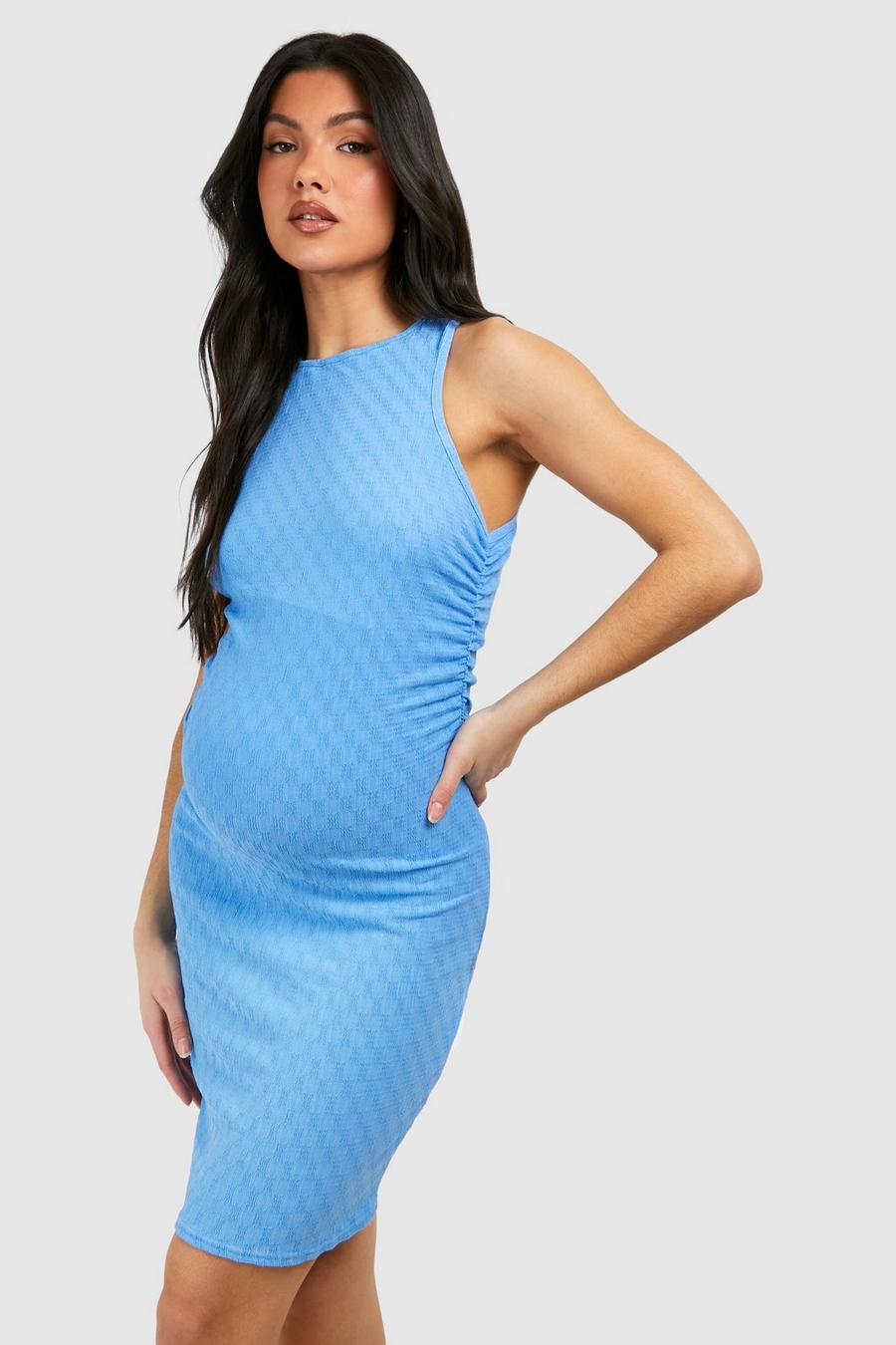 Light blue Maternity Racer Neck Textured Ruched Side Mini Dress image number 1