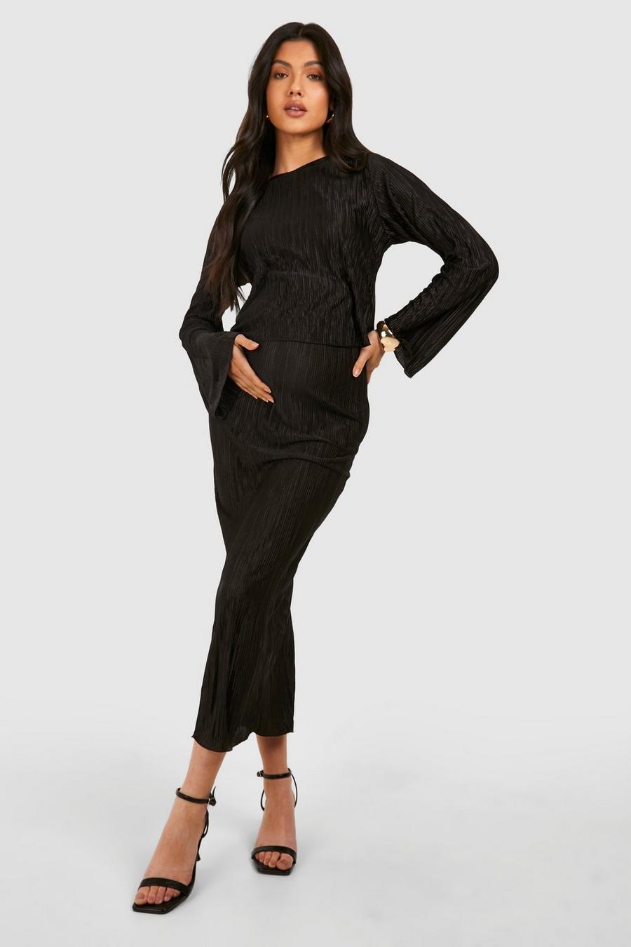 Black Maternity Plisse Flared Sleeve Top And Midi Skirt Two-Piece image number 1