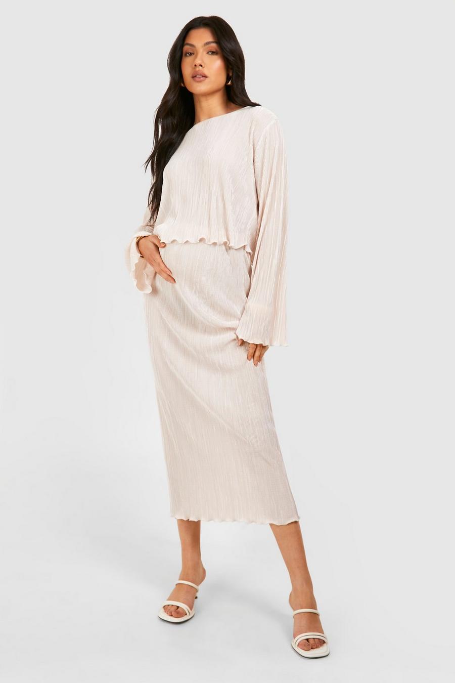 Stone Maternity Plisse Flared Sleeve Top And Midi Skirt Two-Piece