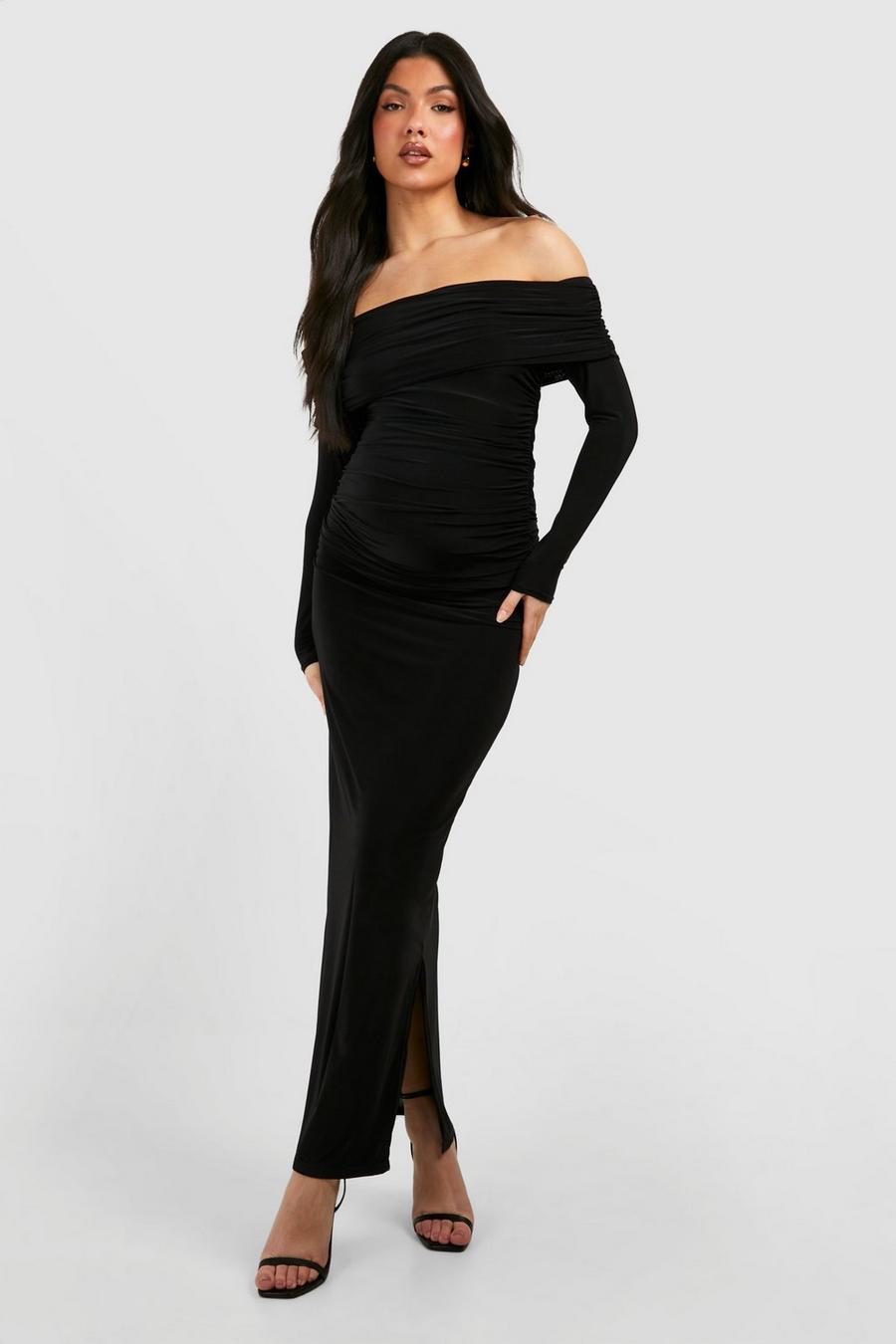 Black Maternity Slinky Ruched Top And Skirt Co-ord image number 1