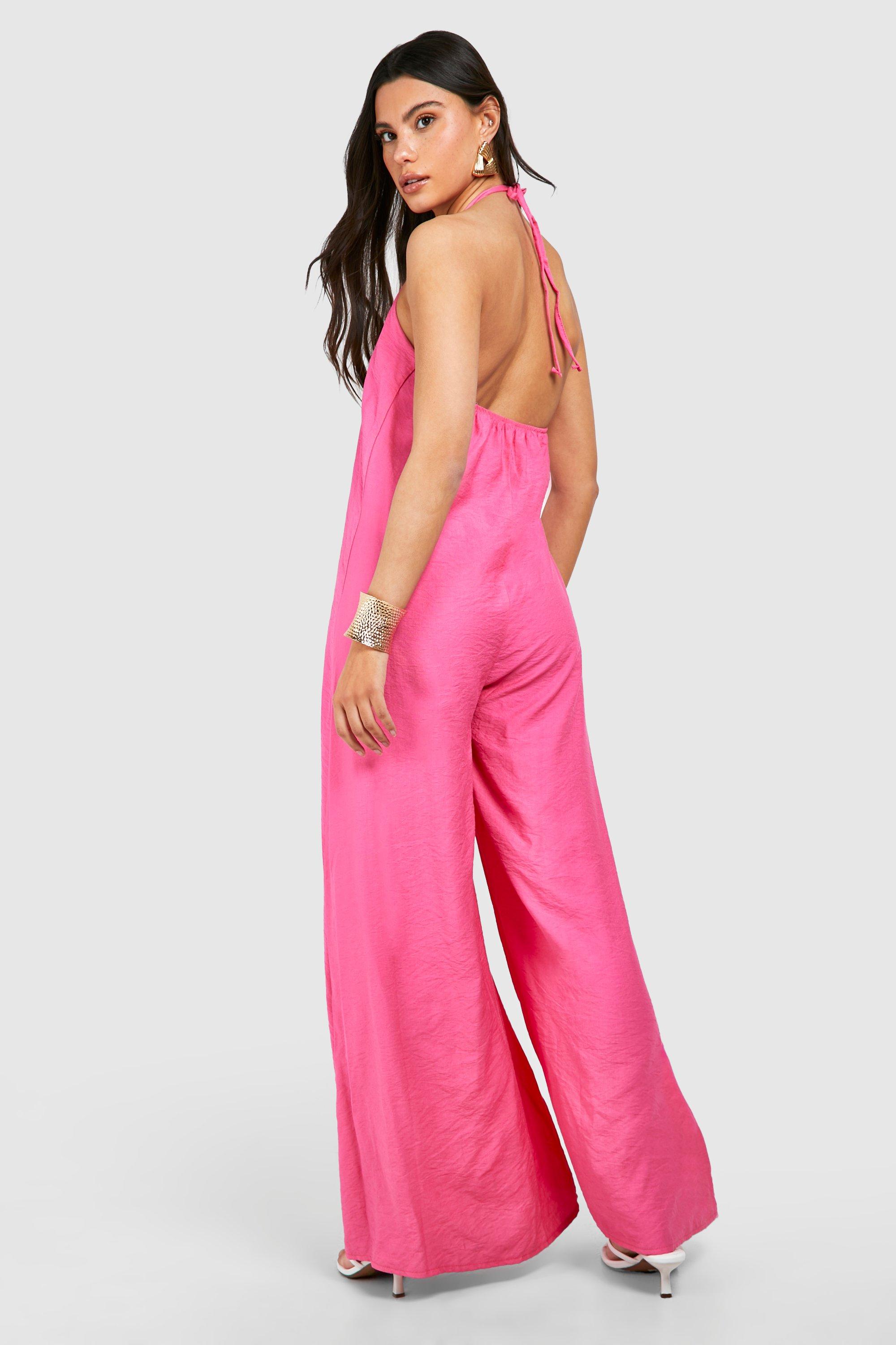 boohoo Linen Look Halter Wide Leg Jumpsuit Pink Size 8