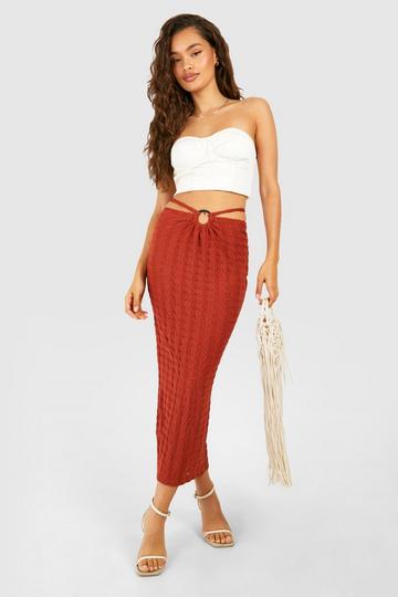 Tie Waist O Ring Textured Midi Skirt terracotta