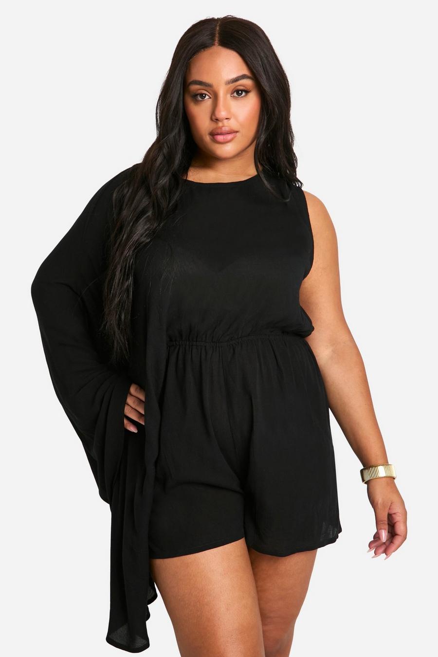 Black Plus Cheesecloth One Shoulder Flippy Playsuit