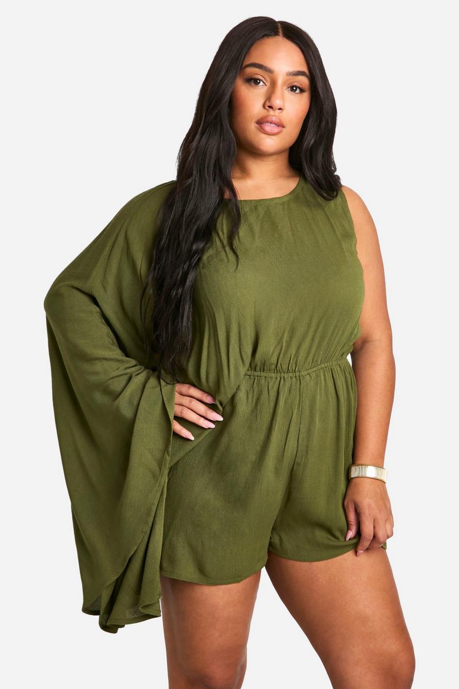 Khaki Plus Cheesecloth One Shoulder Flippy Romper image number 1