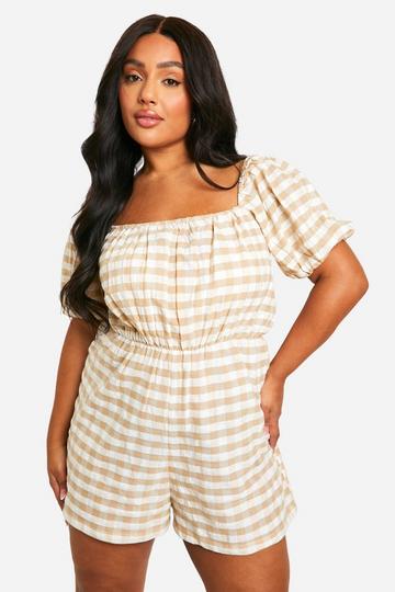 Plus Gingham Playsuit Met Pofmouwen stone