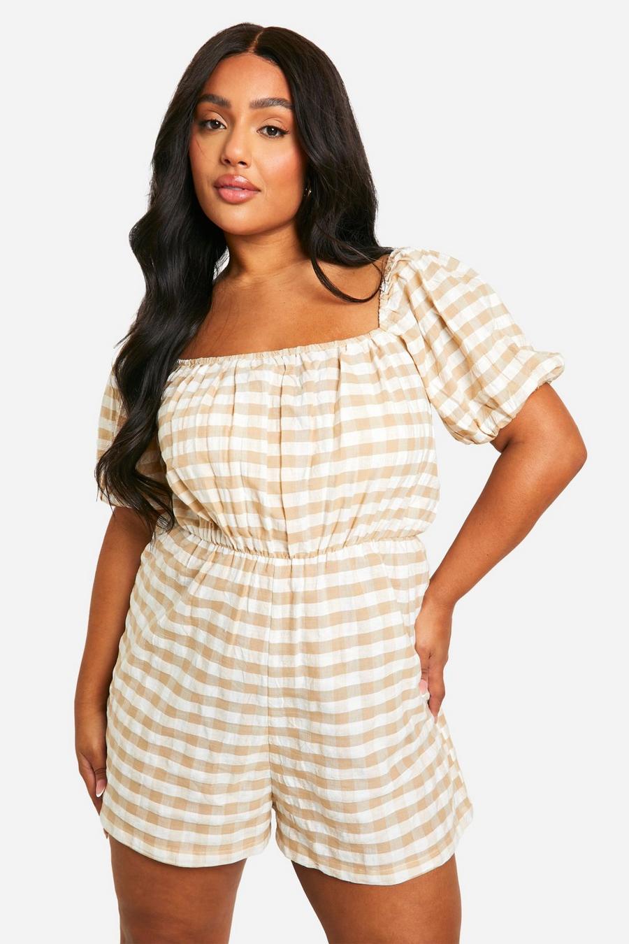 Stone Plus Gingham Puff Sleeve Playsuit  image number 1