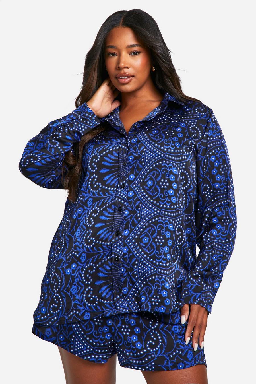 Blue Plus Paisley Oversized Satin Shirt image number 1