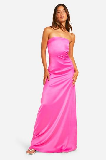 Fuchsia Pink Tall Heavy Satin Bandeau Cowl Back Maxi Dress