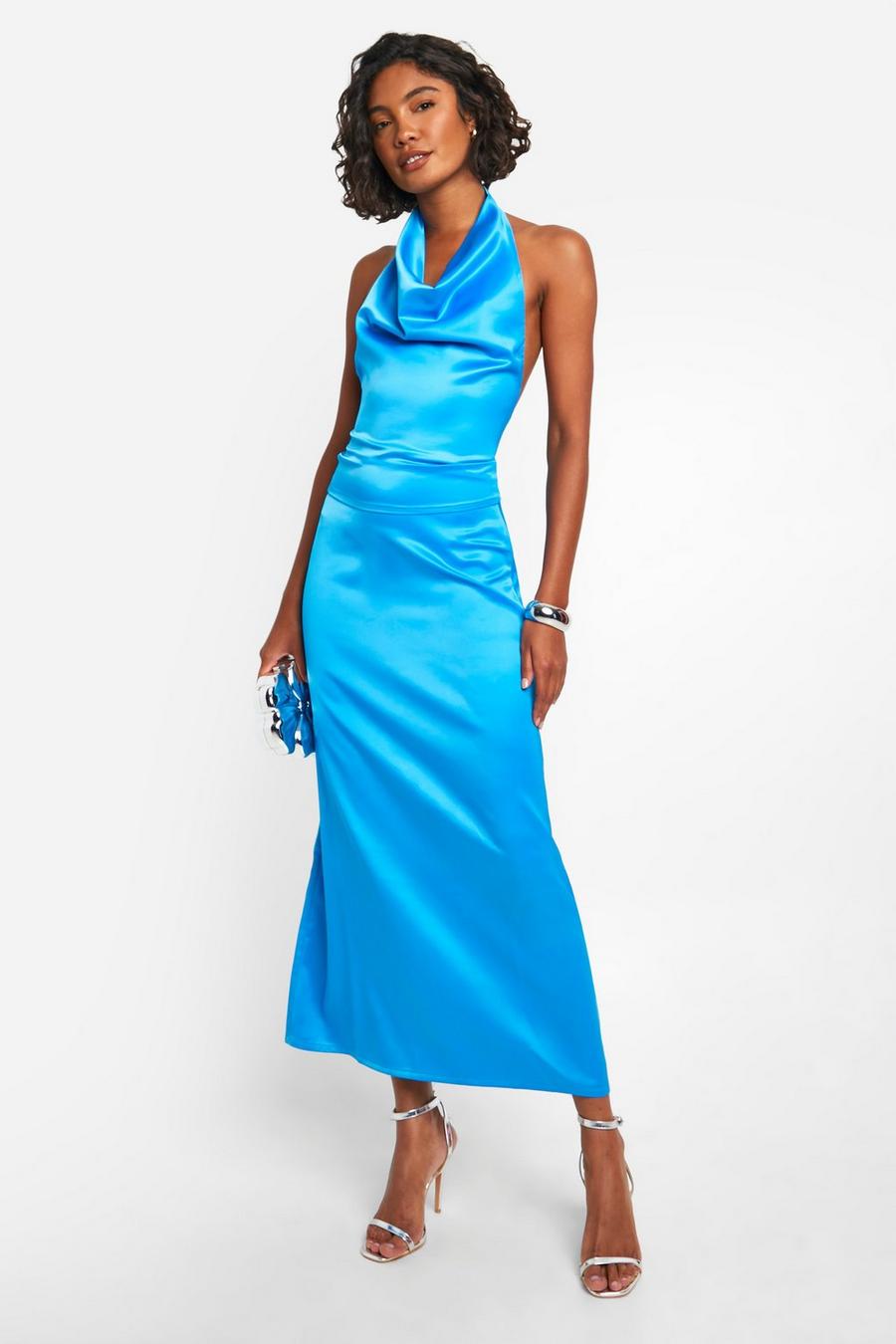 Blue Tall Lång kjol i satin image number 1