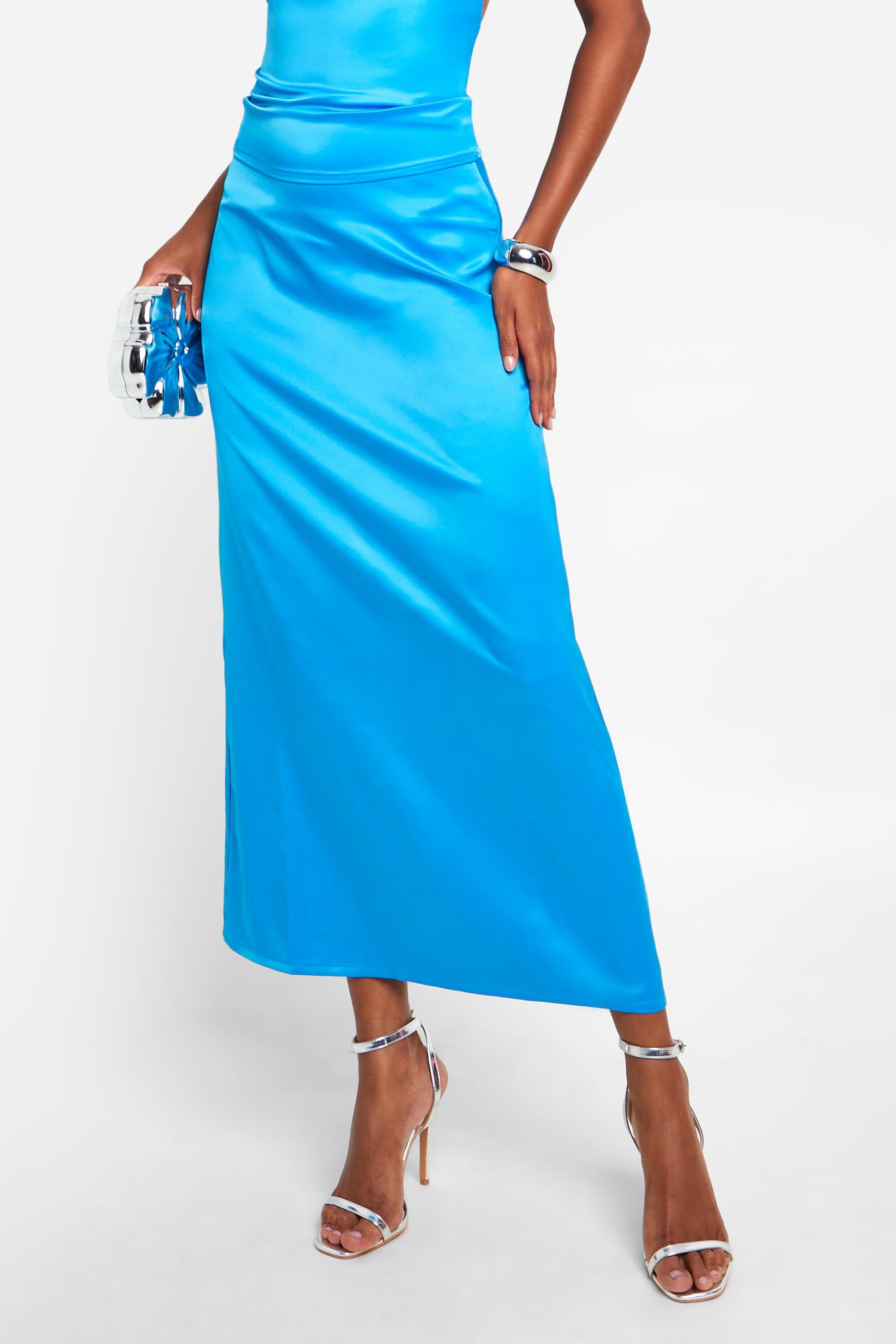 boohoo Tall Heavy Satin Midi Slip Skirt Blue Size 6