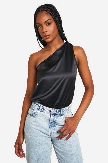 Tall Heavy Satin One Shoulder Bodysuit black