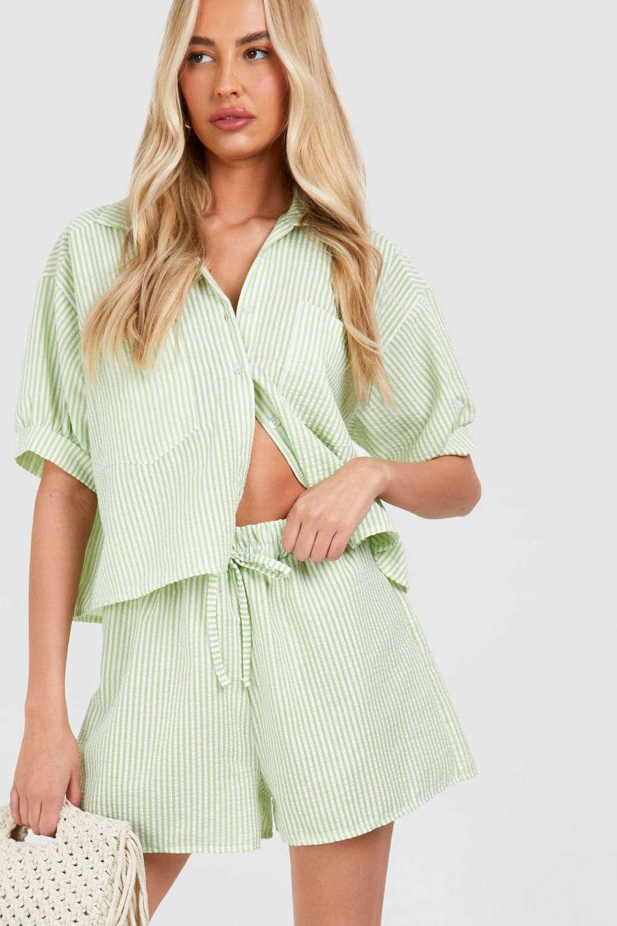Green Tall Woven Textured Pinstripe Cropped Shirt image number 1