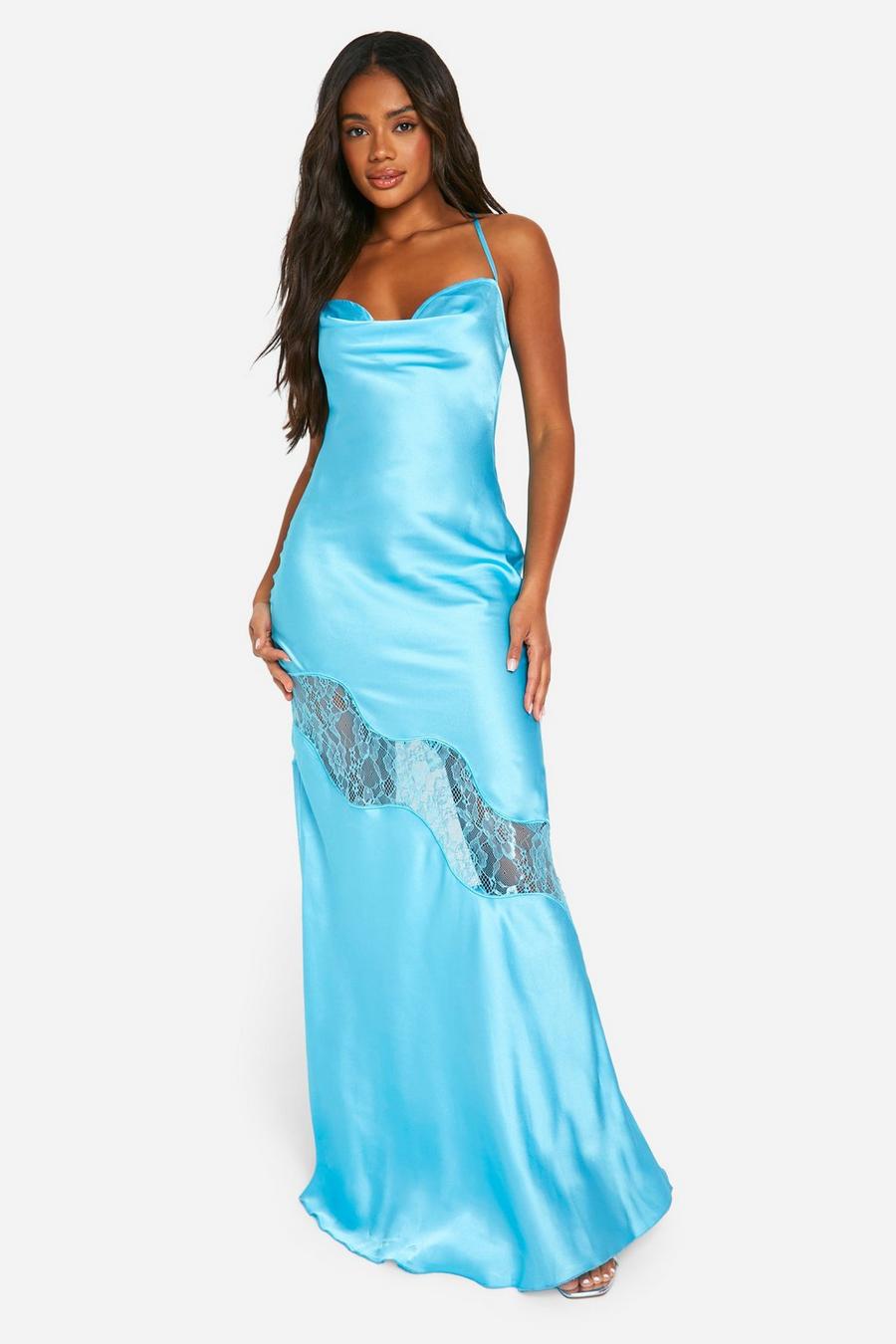 Turquoise Satin Lace Mix Maxi Dress image number 1