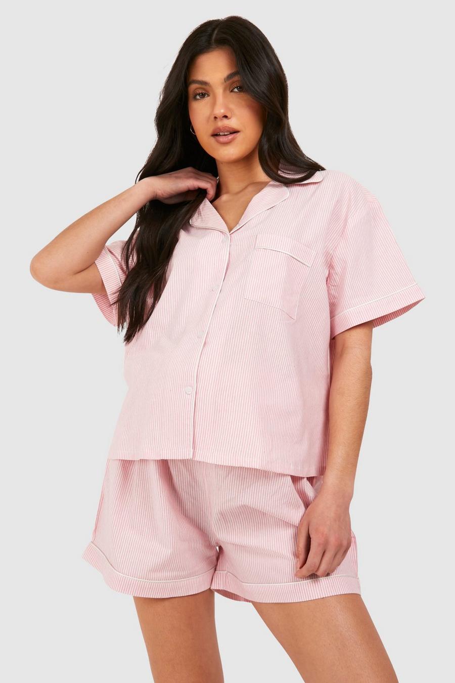 Pijama Premamá de algodón y manga corta con rayas, Lilac image number 1