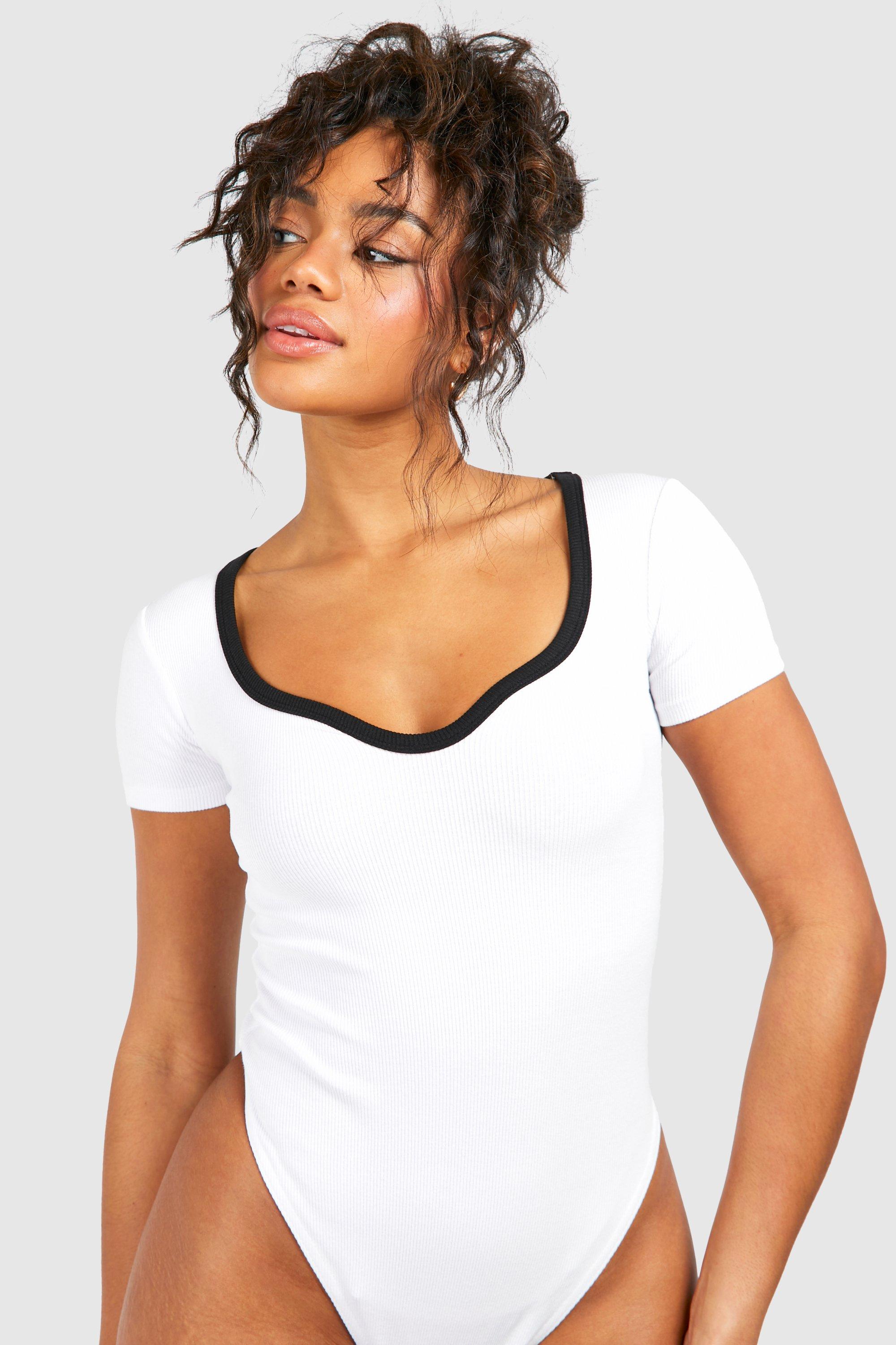 Premium Contrast Rib Notch Neck Short Sleeve Bodysuit boohoo NZ