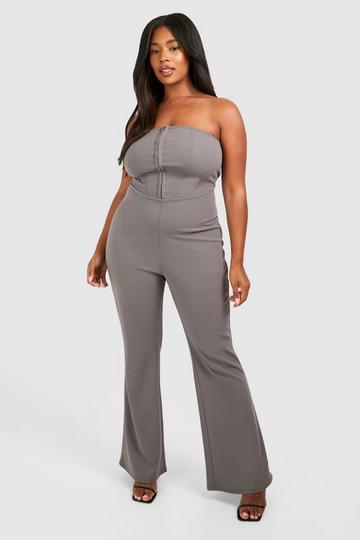 Plus Scuba Crepe Corset Hook & Eye Detail Bandeau Flare Jumpsuit charcoal