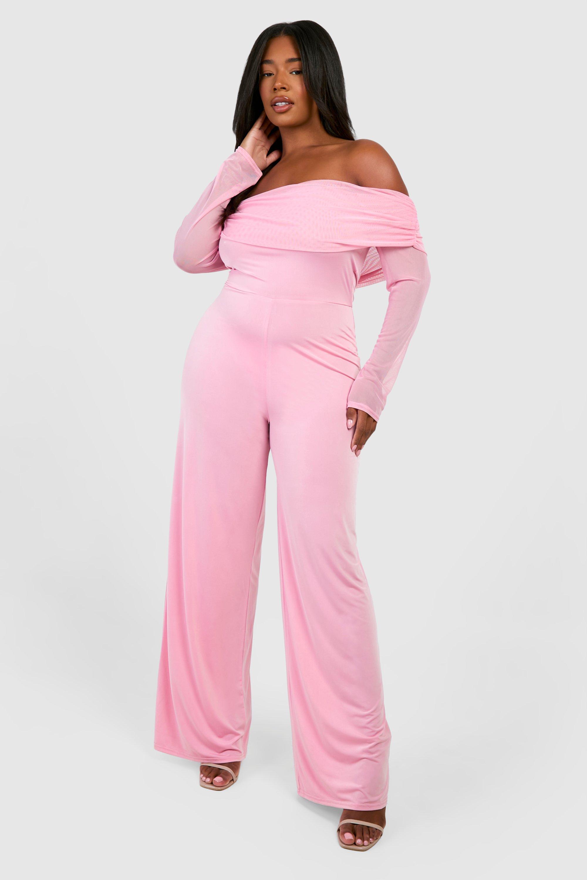 Plus Slinky Mesh Bardot Wide Leg Jumpsuit