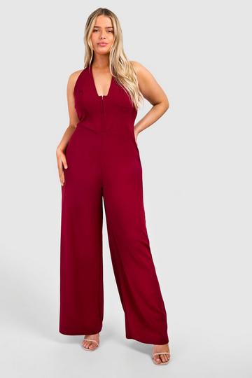 Plus Scuba Crepe Corset Hook & Eye Detail Halter Neck Wide Leg Jumpsuit cherry