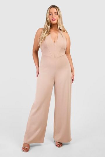 Plus Scuba Crêpe Wide Leg Corset Jumpsuit Met Haakjes En Halter Neck sand