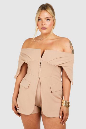 Plus Scuba Crepe Corset Hook & Eye Detail Off The Shoulder Blazer Romper sand