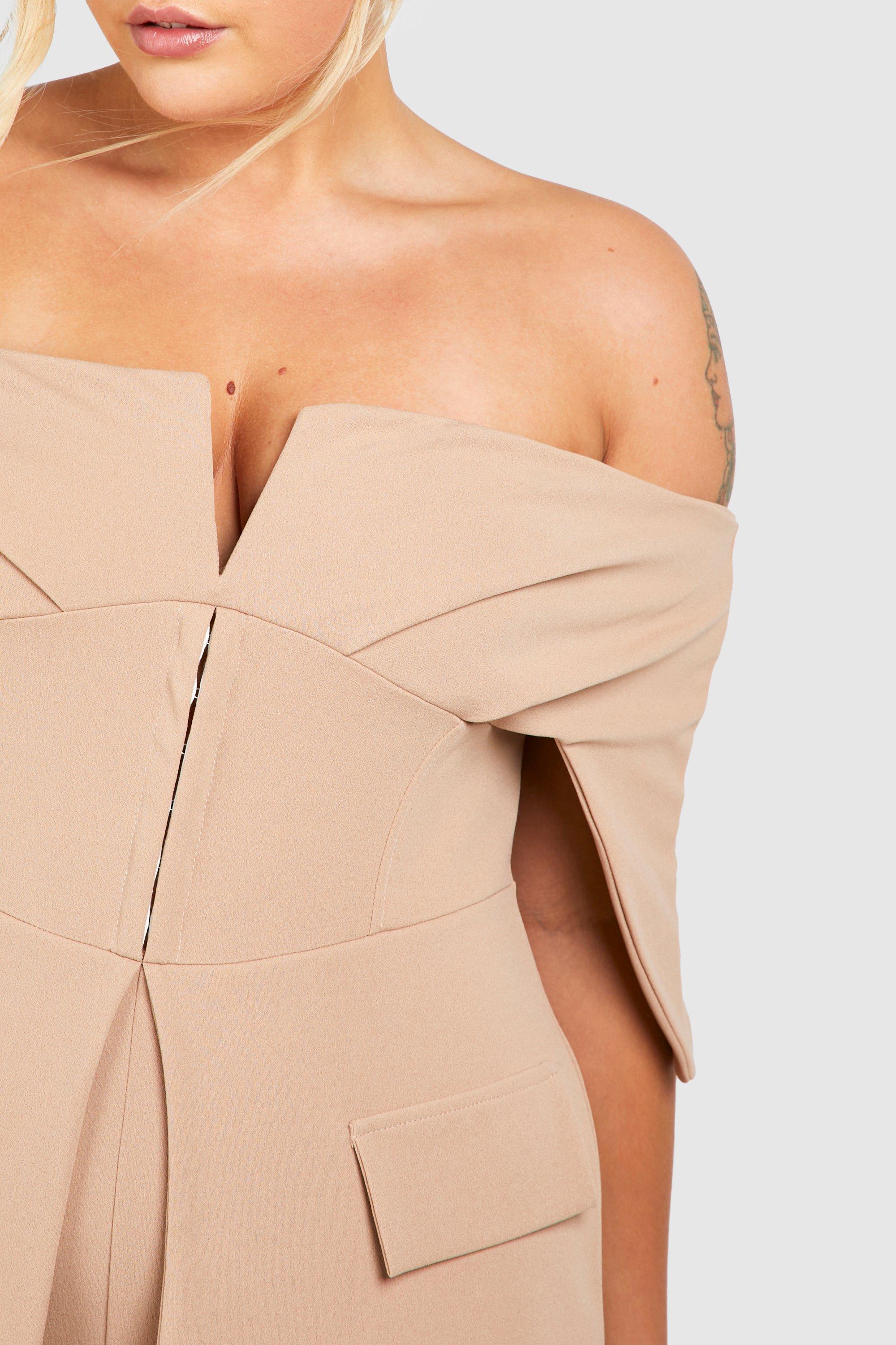 Plus Scuba Crepe Corset Hook Eye Detail Off The Shoulder Blazer Romper