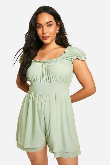 Plus Mesh Milkmaid Frill Hem Romper mint