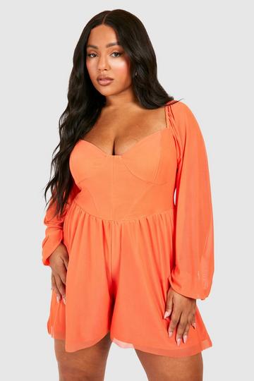 Plus Mesh Balloon Sleeve Corset Detail Floaty Romper orange