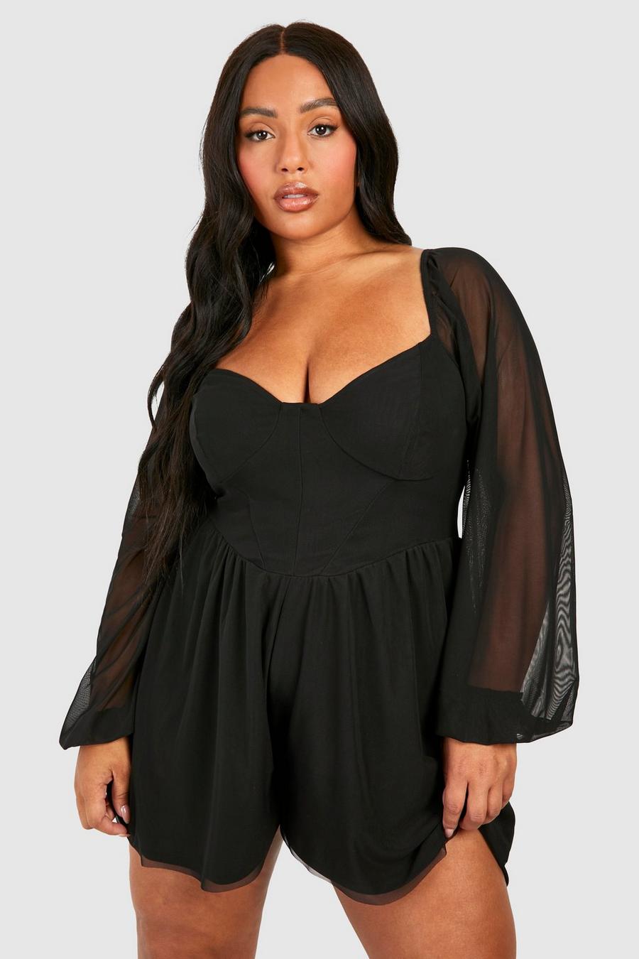 Tutina Plus Size morbida in rete con maniche a palloncino e dettagli stile corsetto, Black image number 1