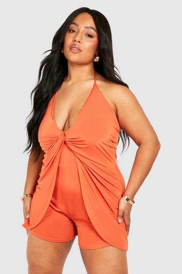 Plus Slinky Knot Detail Strappy Romper rust