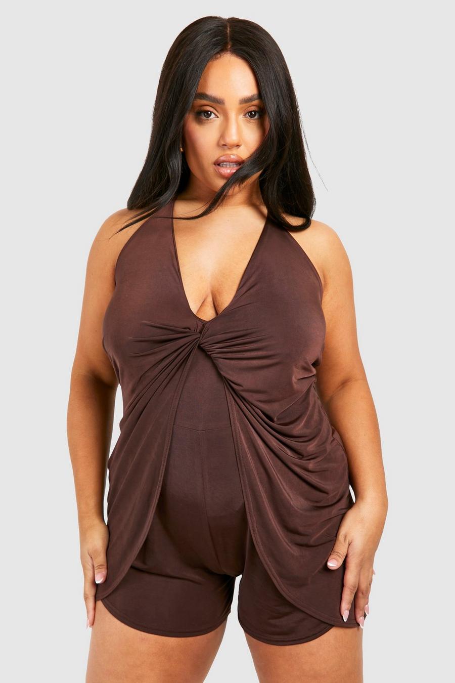 Chocolate Plus Slinky Knot Detail Strappy Romper image number 1