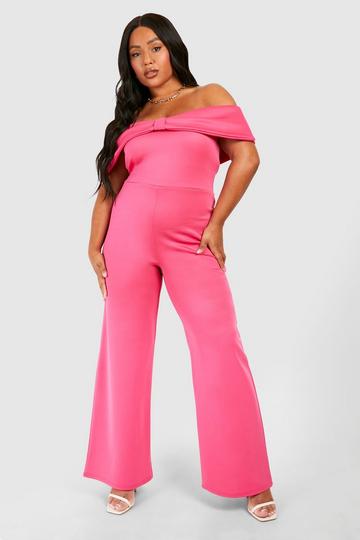 Plus Scuba Jumpsuit Met Strik En Uitgesneden Hals hot pink