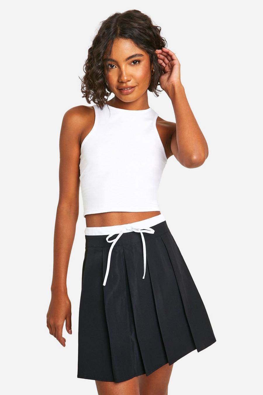 Black Tall Woven Waist Detail Pleated Mini Skirt  image number 1