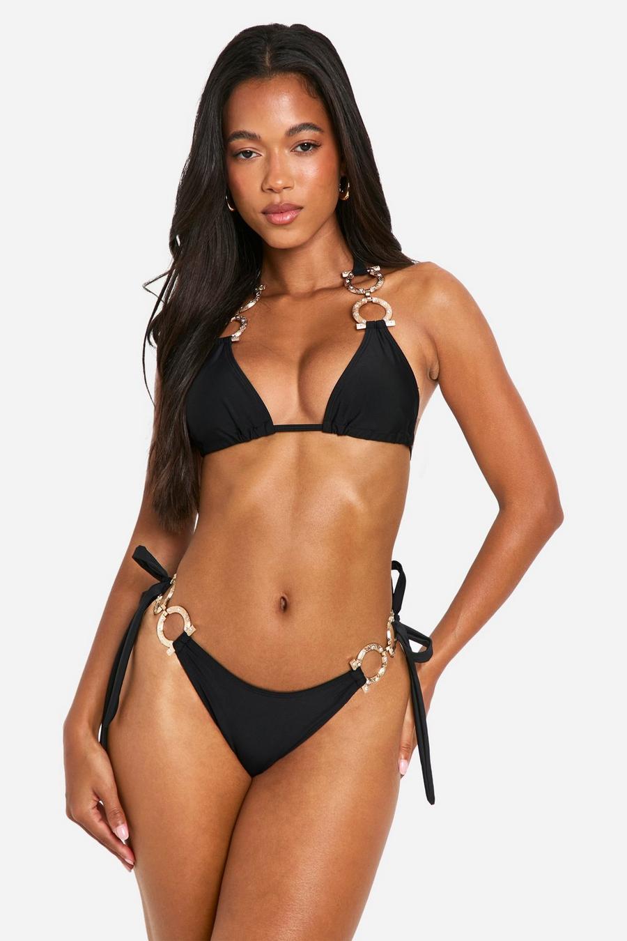Top bikini a triangolo con finiture color oro e strass, Black image number 1