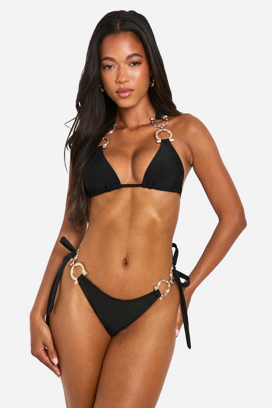 Slip bikini con finiture color oro, strass e laccetti laterali, Black image number 1