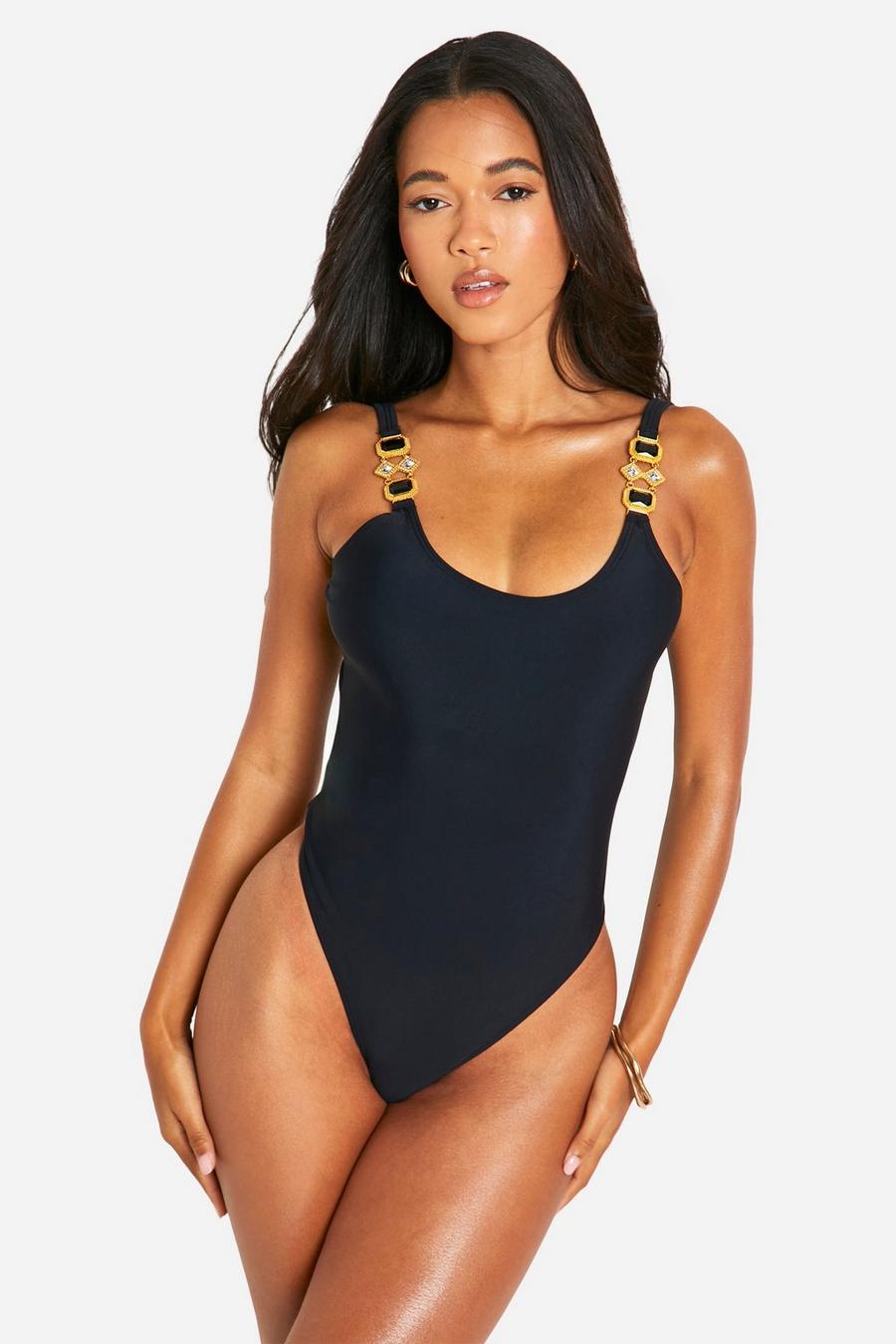 Black Rhinestone Jewel Scoop Swimsuit
