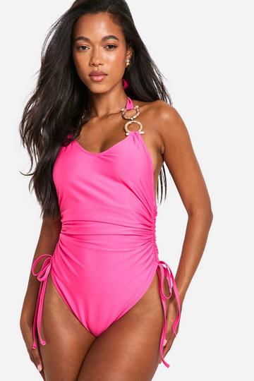 Diamante Gold Trim Ruched Swimsuit pink