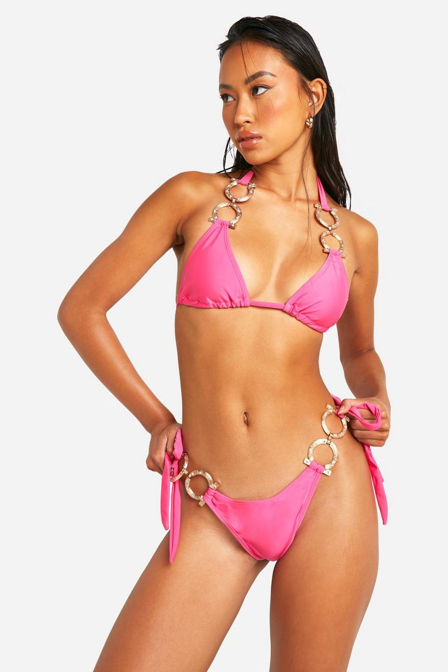 Pink Diamante Gold Trim Tie Side Bikini Brief