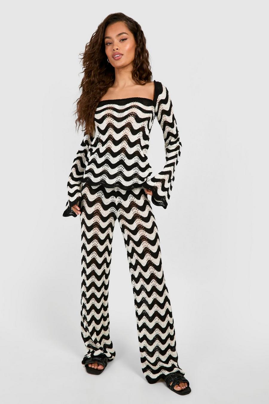 Black Zig Zag Crochet Wide Leg Trouser 