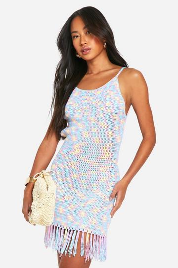 Rainbow Crochet Sleeveless Tassel Detail Mini Dress blue