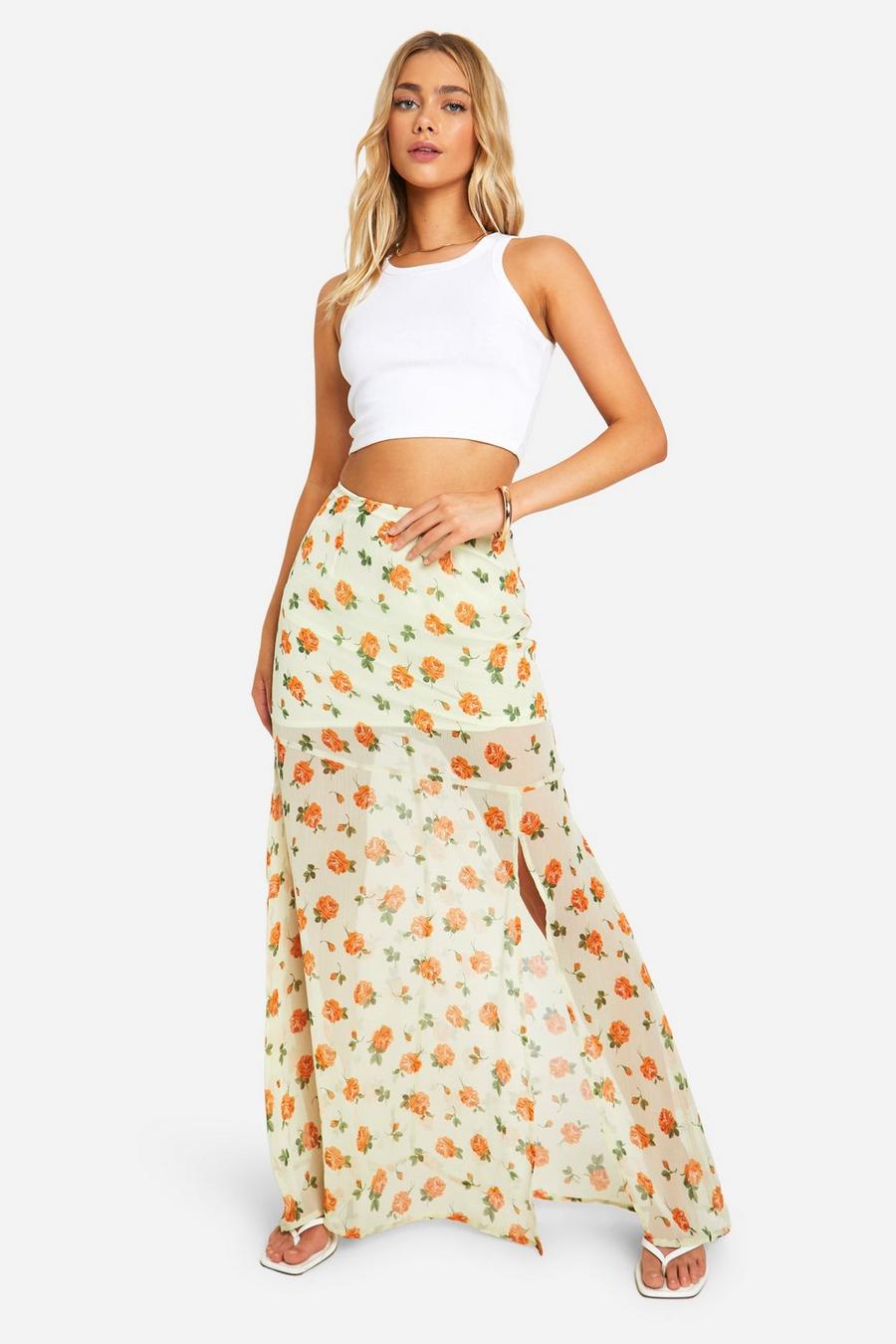 Multi Floral Crinkle Chiffon Maxi Skirt   